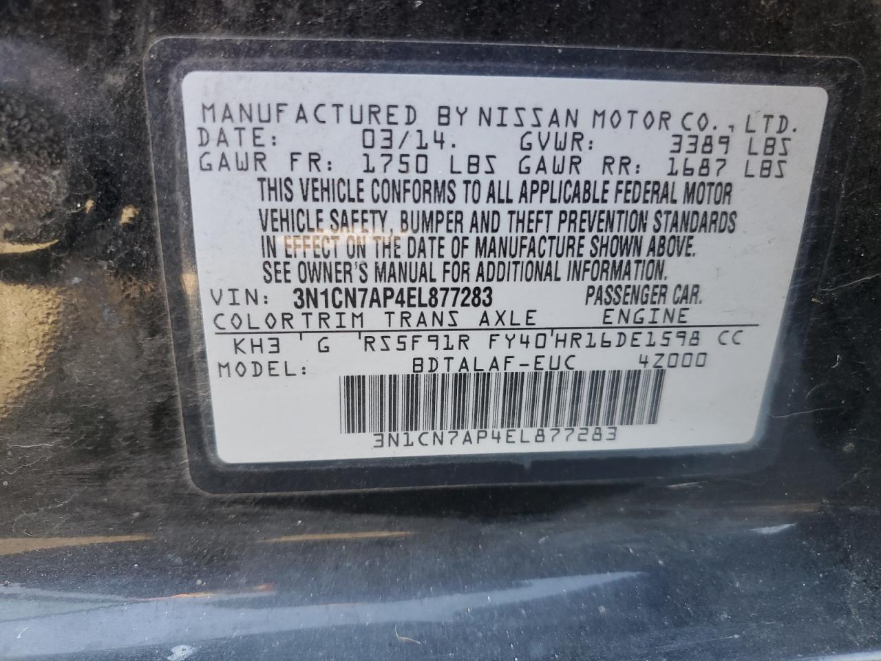 2014 Nissan Versa VIN 3N1CN7AP4EL877283 Copart auction photo, front end / all over damage thumbnail 14
