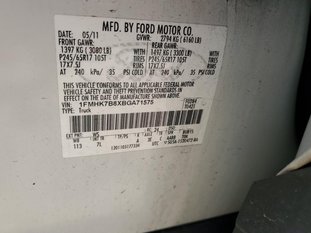 2011 Ford Explorer VIN 1FMHK7B8XBGA71575 Copart auction photo, front end damage thumbnail 13