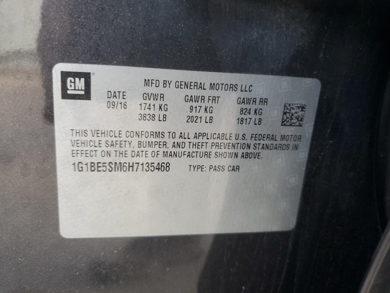 2017 Chevrolet Cruze VIN 1G1BE5SM6H7135468 Copart auction photo, rear end damage thumbnail 12