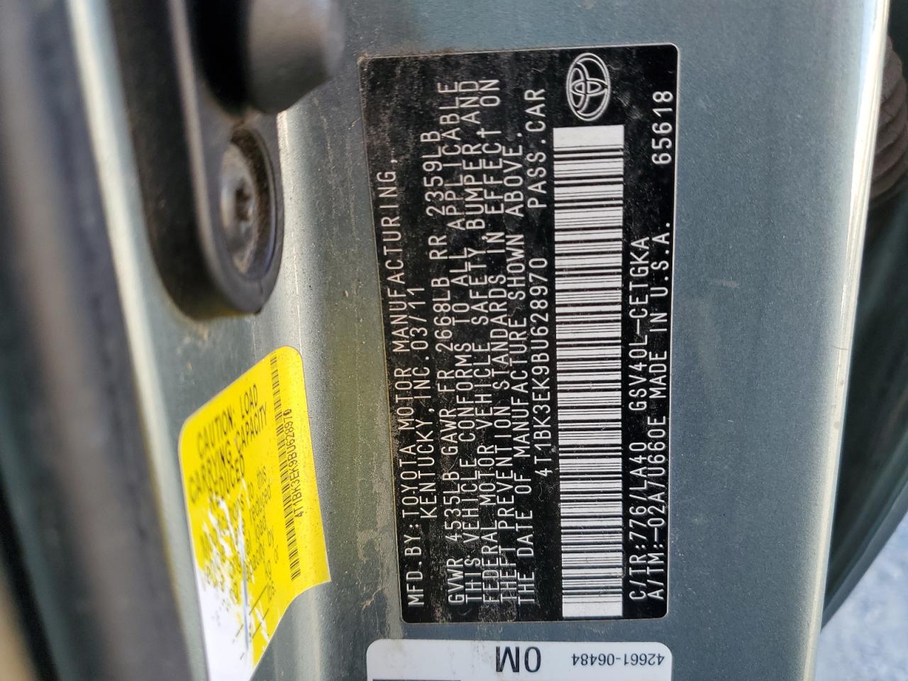 2011 Toyota Camry VIN 4T1BK3EK9BU628970 Copart auction photo, front end / side damage thumbnail 12