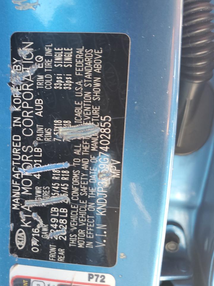 2016 KIA Soul VIN KNDJP3A59G7402855 Copart auction photo, front end damage thumbnail 16