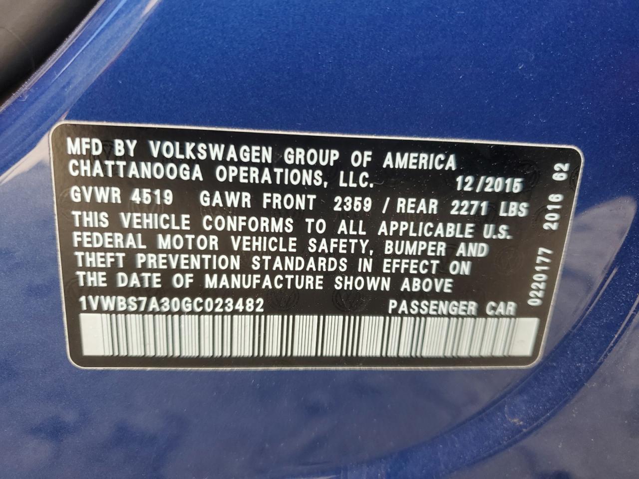 2016 Volkswagen Passat VIN 1VWBS7A30GC023482 Copart auction photo, front end damage thumbnail 12