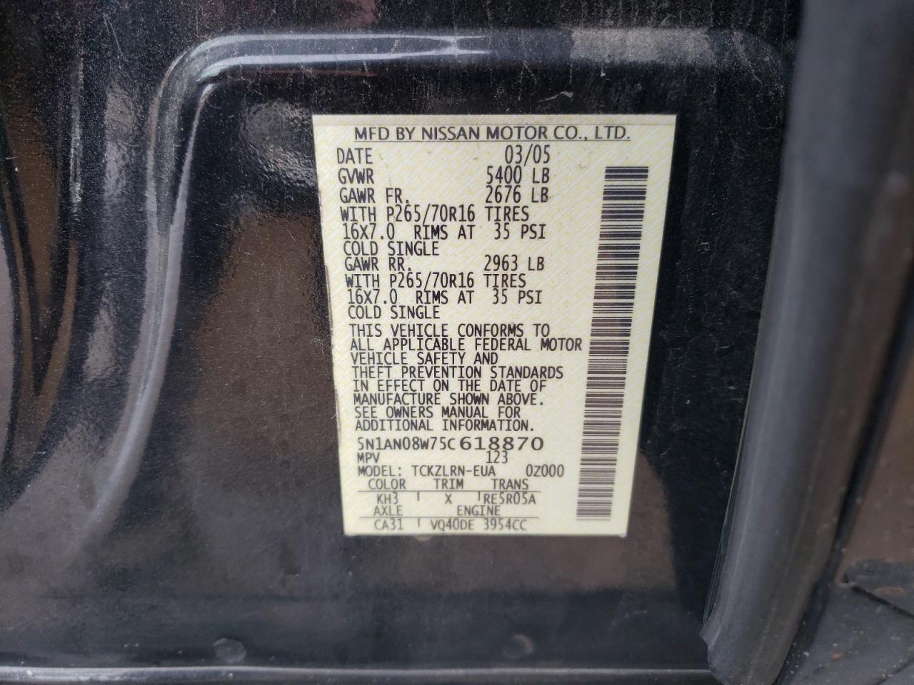 2005 Nissan XTerra VIN 5N1AN08W75C618870 Copart auction photo, front end damage thumbnail 12