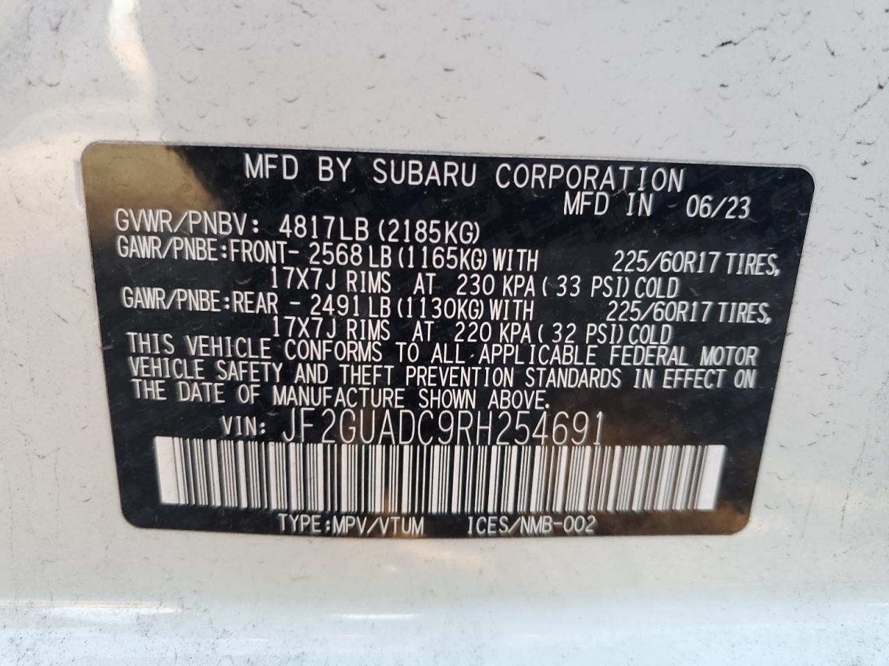 2024 Subaru XV VIN JF2GUADC9RH254691 Copart auction photo, side / rear end damage thumbnail 14