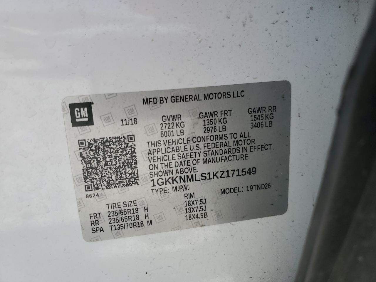 2019 GMC Acadia VIN 1GKKNMLS1KZ171549 Copart auction photo, rear end / side damage thumbnail 14