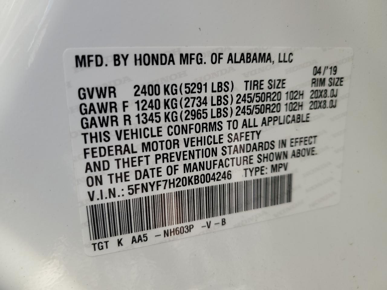 2019 Honda Passport VIN 5FNYF7H20KB004246 Copart auction photo, front end / mechanical damage thumbnail 15