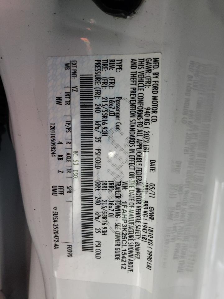 2012 Ford Focus VIN 1FAHP3K25CL154212 Copart auction photo, front end damage thumbnail 16