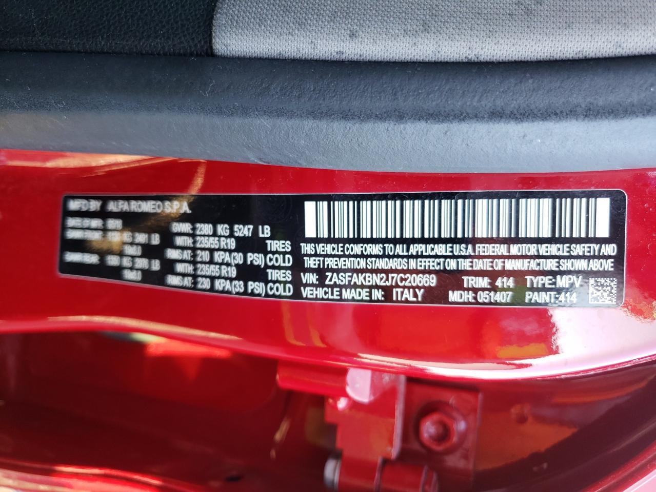 2018 Alfa Romeo Stelvio VIN ZASFAKBN2J7C20669 Copart auction photo, rear end / side damage thumbnail 14