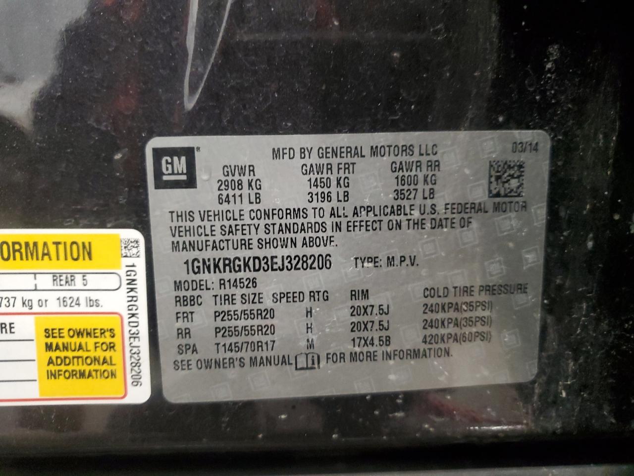 2014 Chevrolet Traverse VIN 1GNKRGKD3EJ328206 Copart auction photo, front end damage thumbnail 14