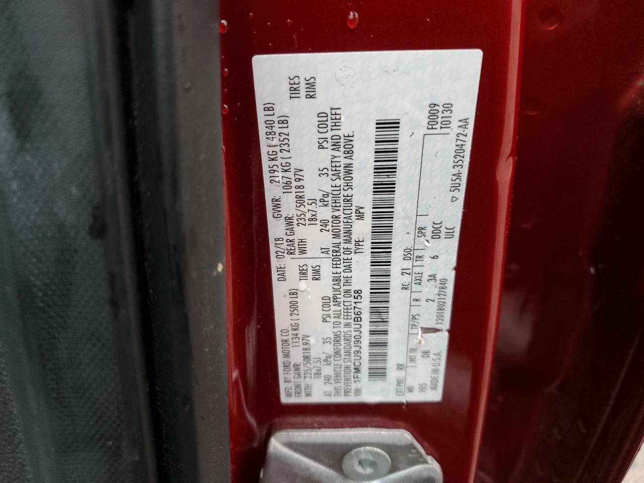 2018 Ford Escape VIN 1FMCU9J90JUB67158 Copart auction photo, front end damage thumbnail 13