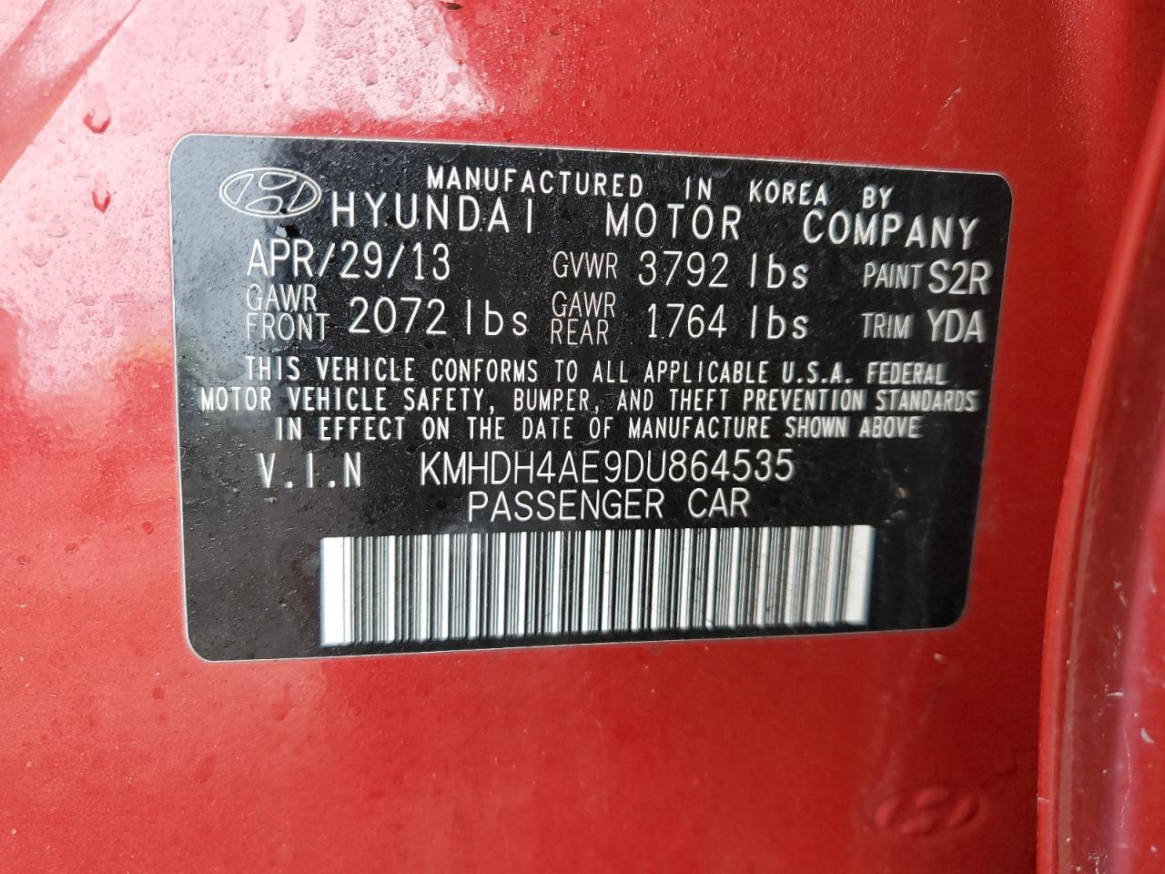 2013 Hyundai Elantra VIN KMHDH4AE9DU864535 Copart auction photo, rear end damage thumbnail 12