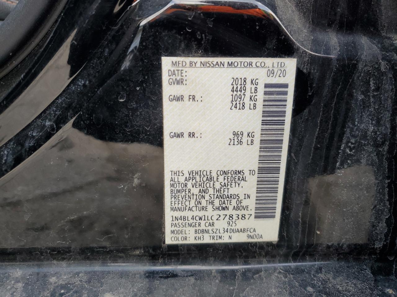 2020 Nissan Altima VIN 1N4BL4CW1LC278387 Copart auction photo, front end damage thumbnail 13