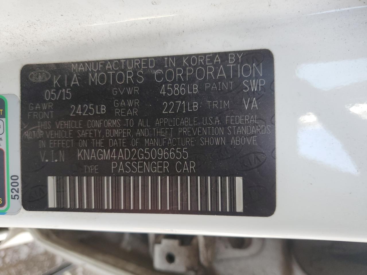 2016 KIA Optima VIN KNAGM4AD2G5096655 Copart auction photo, front end damage thumbnail 12