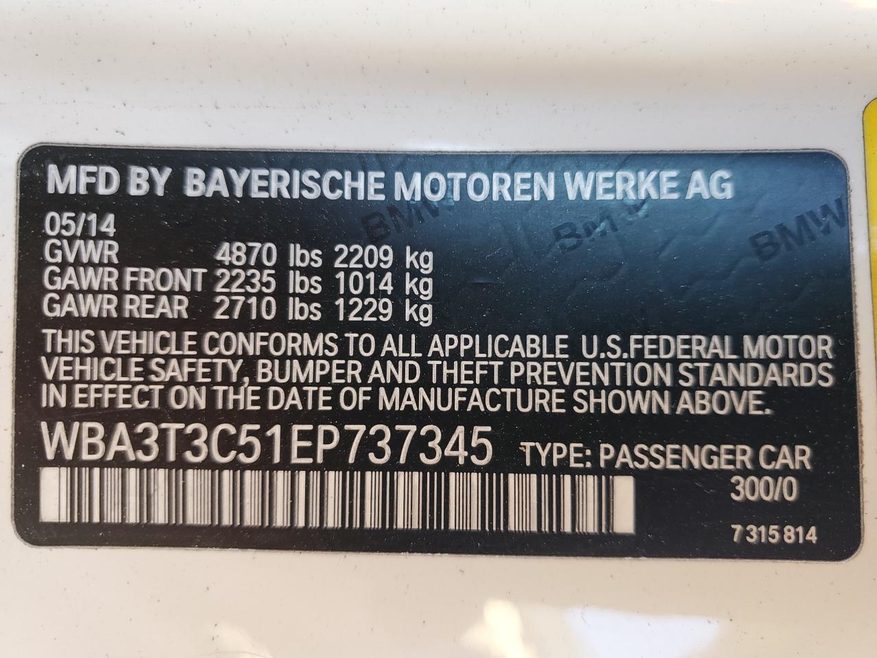 2014 BMW 4er VIN WBA3T3C51EP737345 Copart auction photo, side damage thumbnail 12