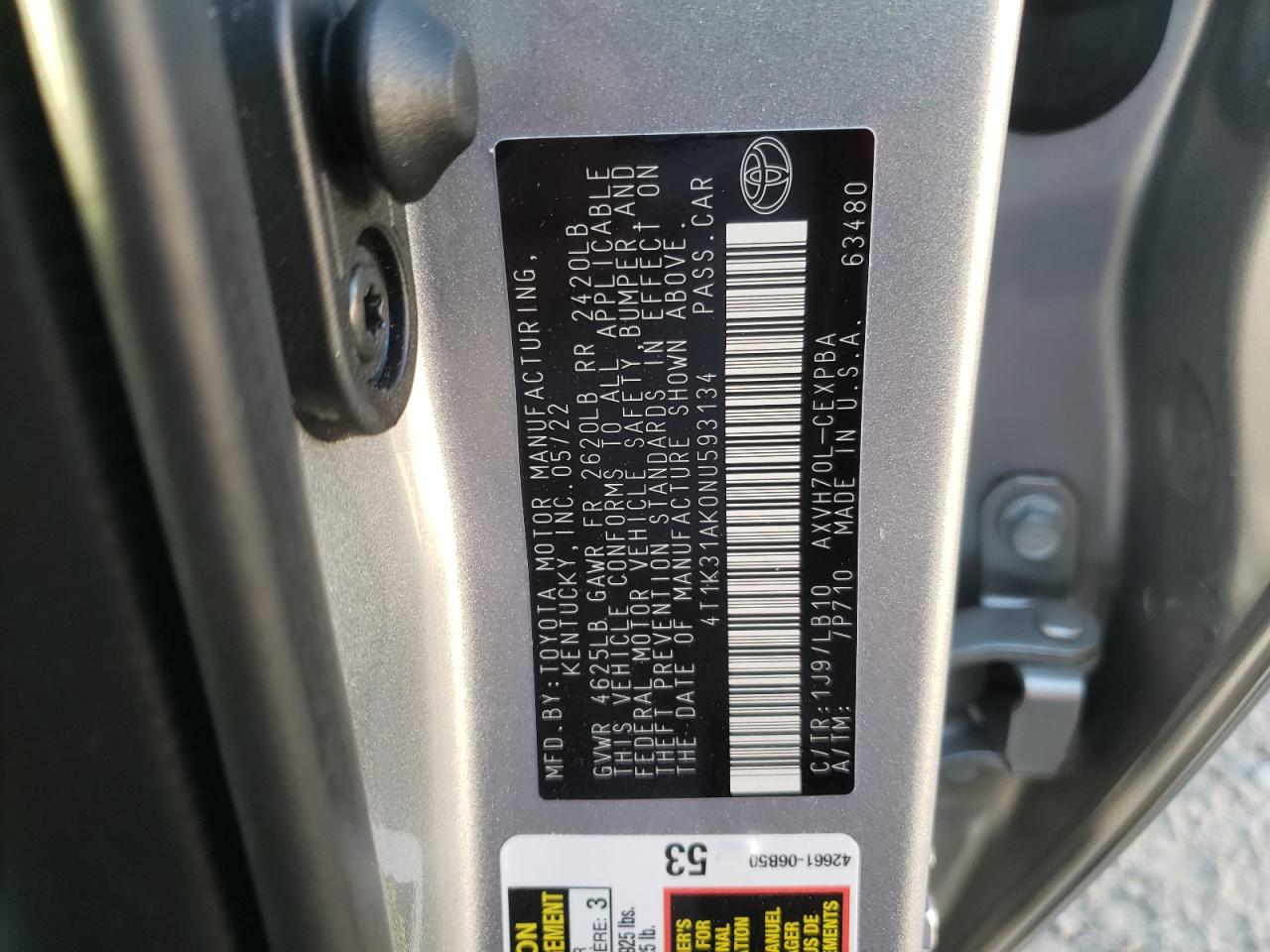 2022 Toyota Camry VIN 4T1K31AK0NU593134 Copart auction photo, front end / side damage thumbnail 14