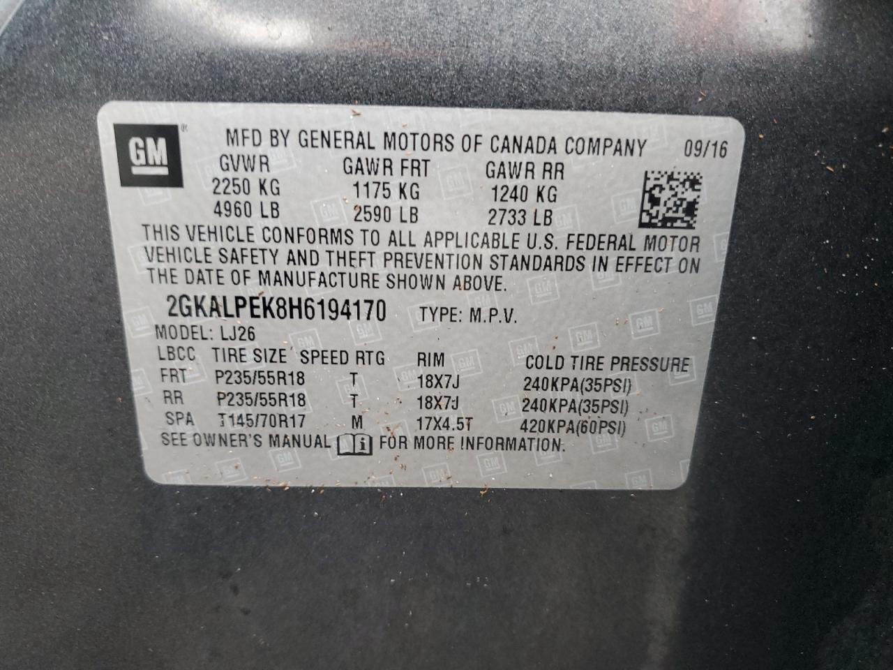 2017 GMC Terrain VIN 2GKALPEK8H6194170 Copart auction photo, water/flood damage thumbnail 14