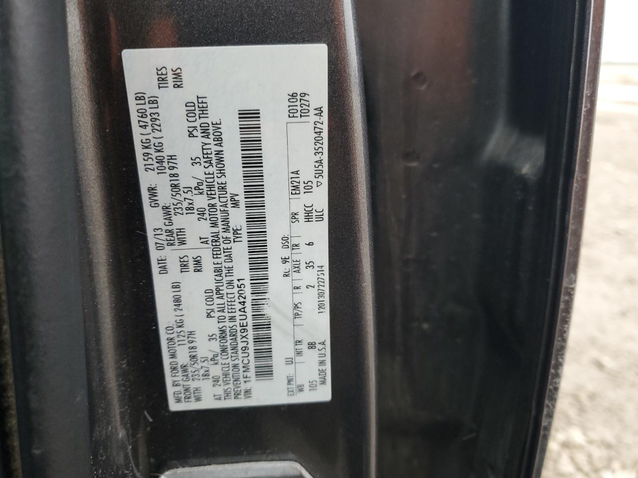 2014 Ford Escape VIN 1FMCU9JX9EUA42051 Copart auction photo, mechanical damage thumbnail 12