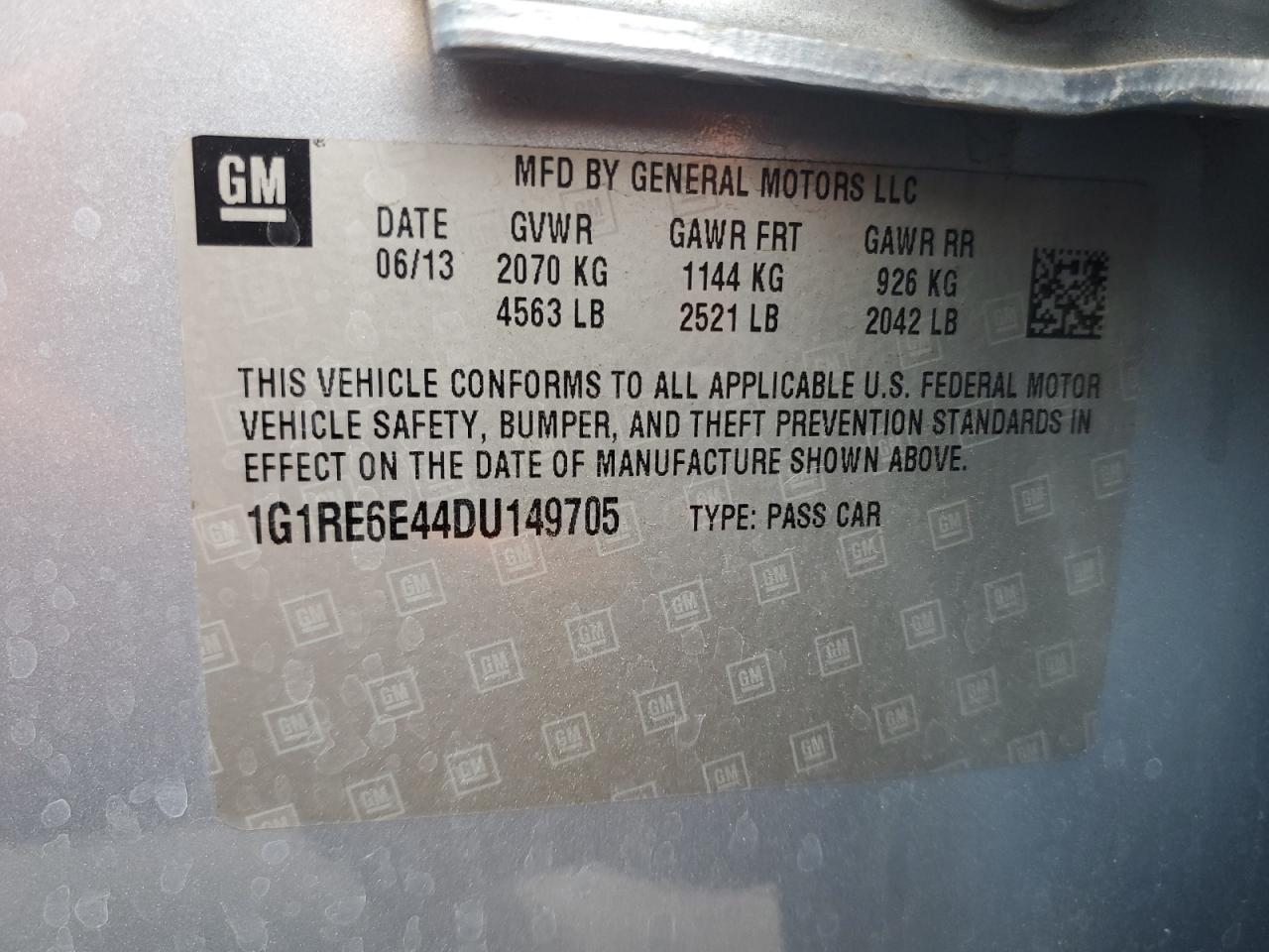 2013 Chevrolet Volt VIN 1G1RE6E44DU149705 Copart auction photo, front end / mechanical damage thumbnail 14