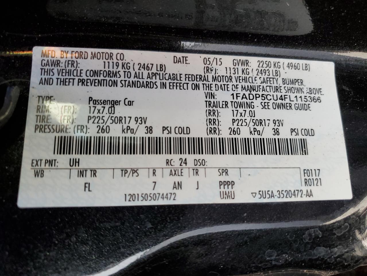2015 Ford C-MAX VIN 1FADP5CU4FL115366 Copart auction photo, side / front end damage thumbnail 13