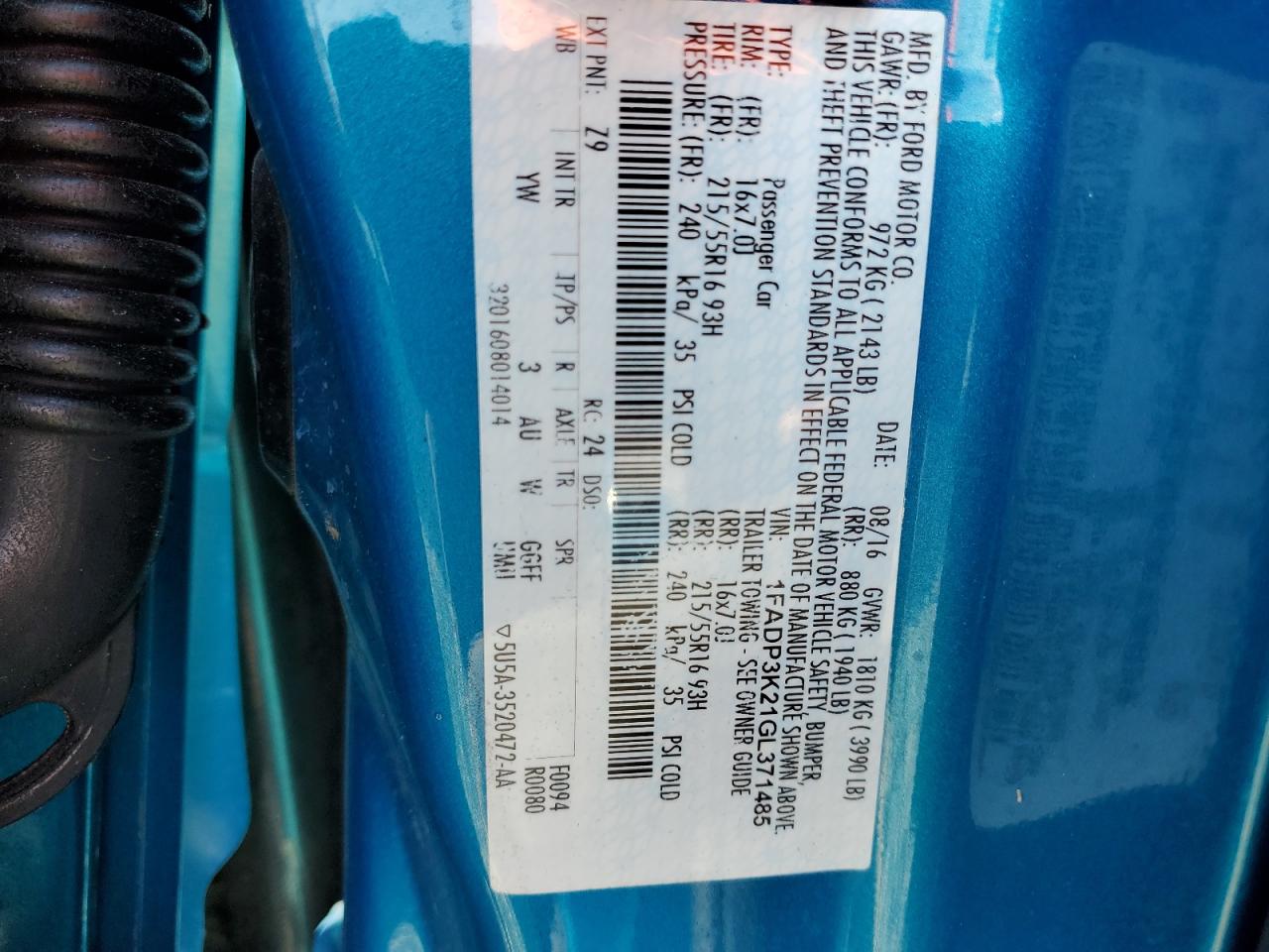2016 Ford Focus VIN 1FADP3K21GL371485 Copart auction photo, rear end damage thumbnail 14