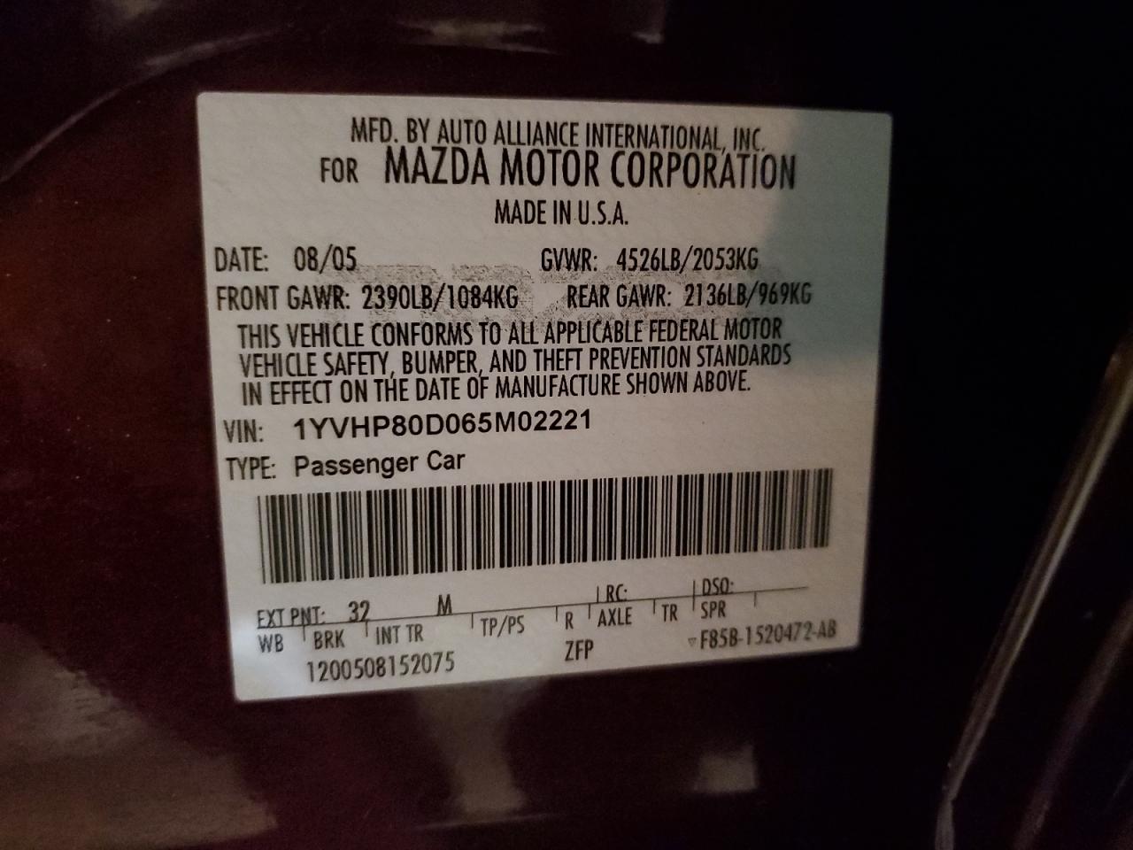 2006 Mazda 6 VIN 1YVHP80D065M02221 Copart auction photo, minor dent/scratches damage thumbnail 12