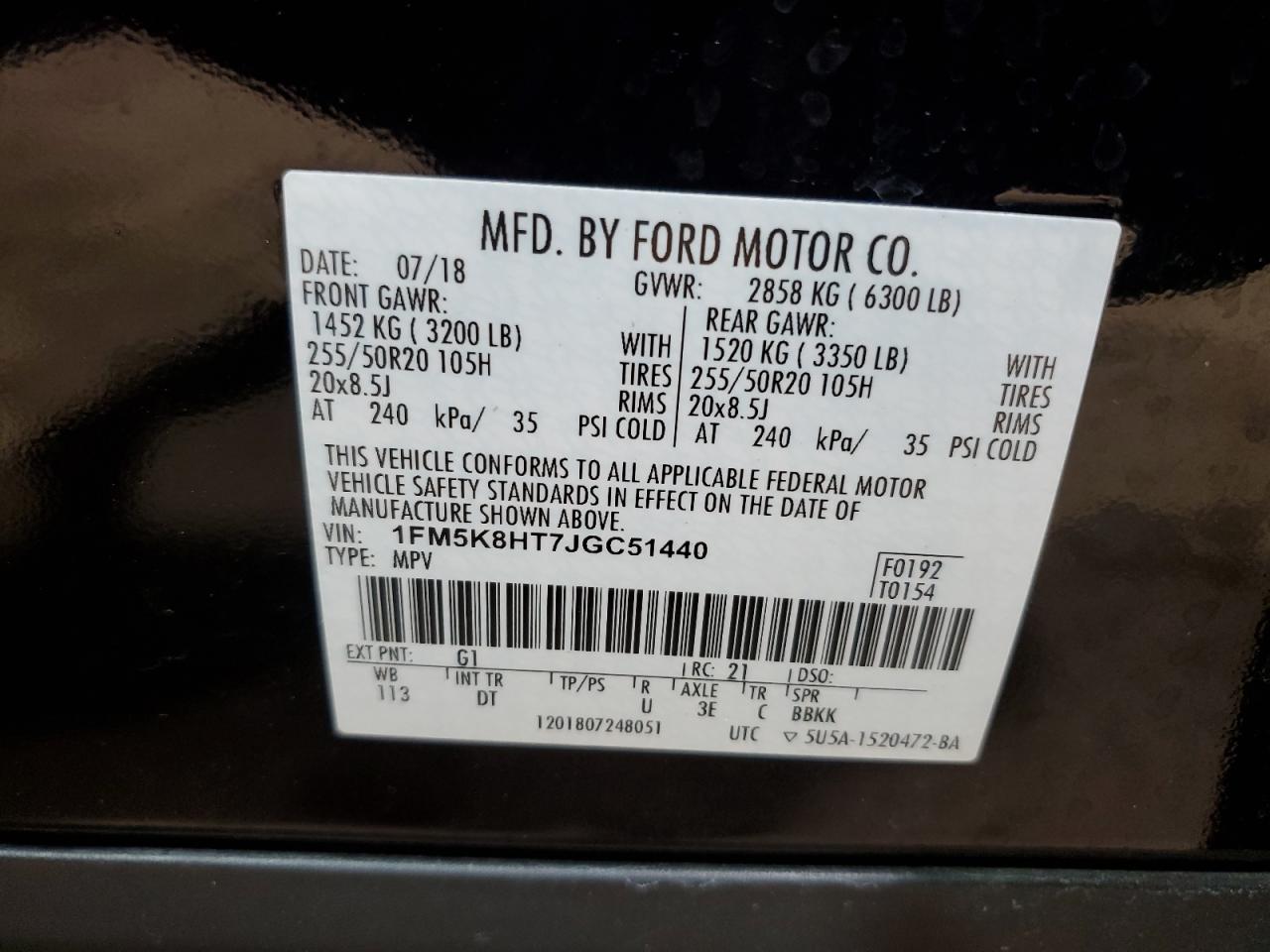 2018 Ford Explorer VIN 1FM5K8HT7JGC51440 Copart auction photo, front end / rear end damage thumbnail 14