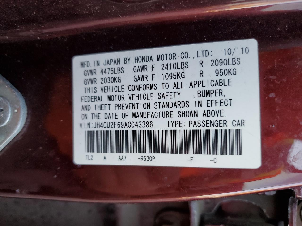 2010 Acura TSX VIN JH4CU2F69AC043386 Copart auction photo, minor dent/scratches / all over damage thumbnail 12