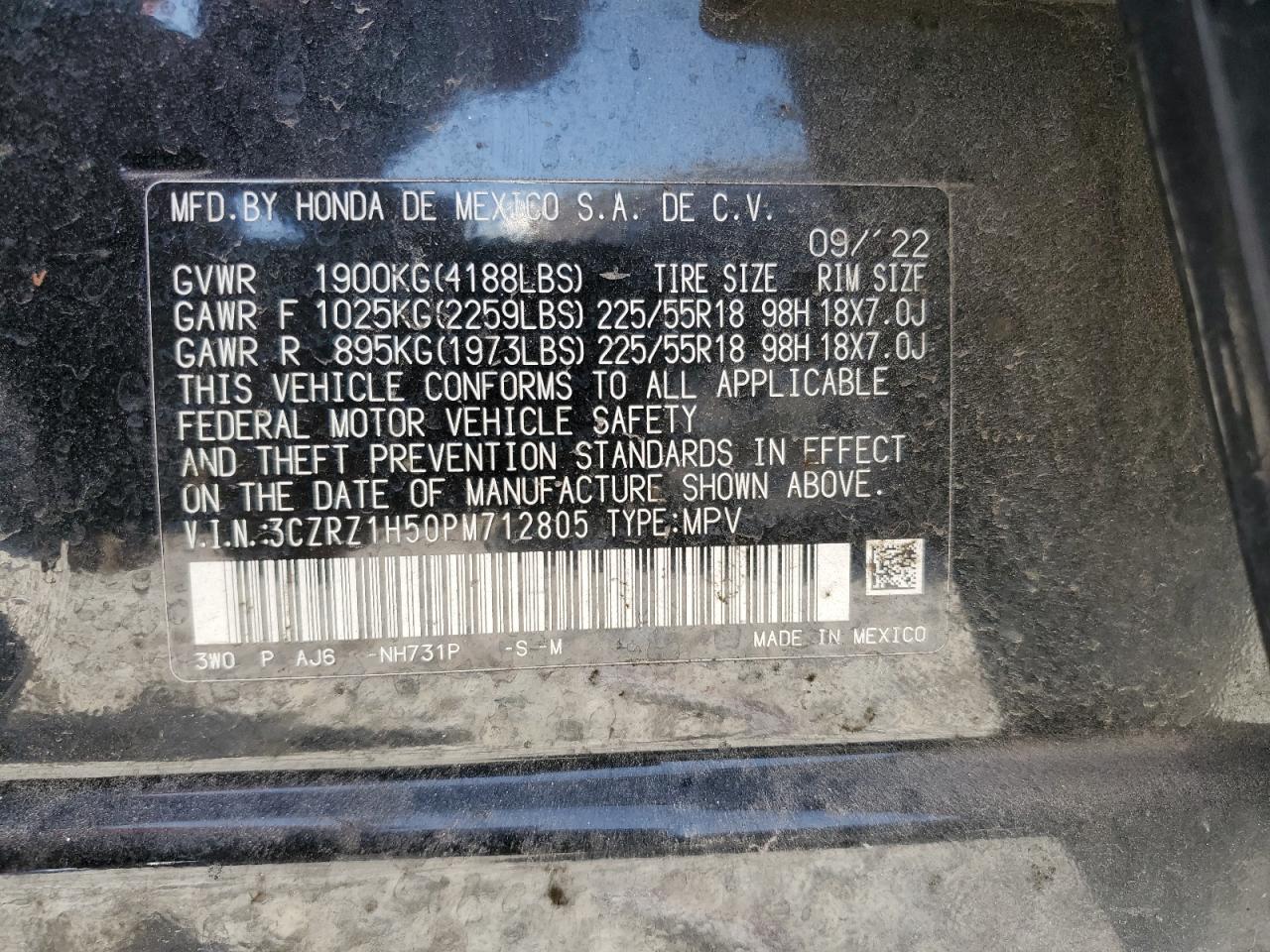 2023 Honda HR-V VIN 3CZRZ1H50PM712805 Copart auction photo, hail damage thumbnail 13