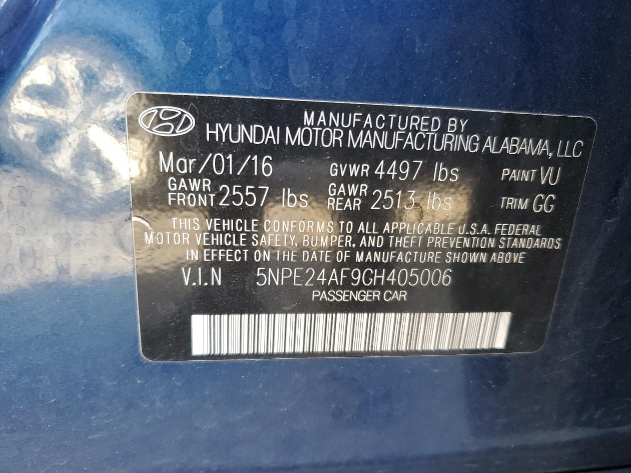 2016 Hyundai Sonata VIN 5NPE24AF9GH405006 Copart auction photo, rollover damage thumbnail 15