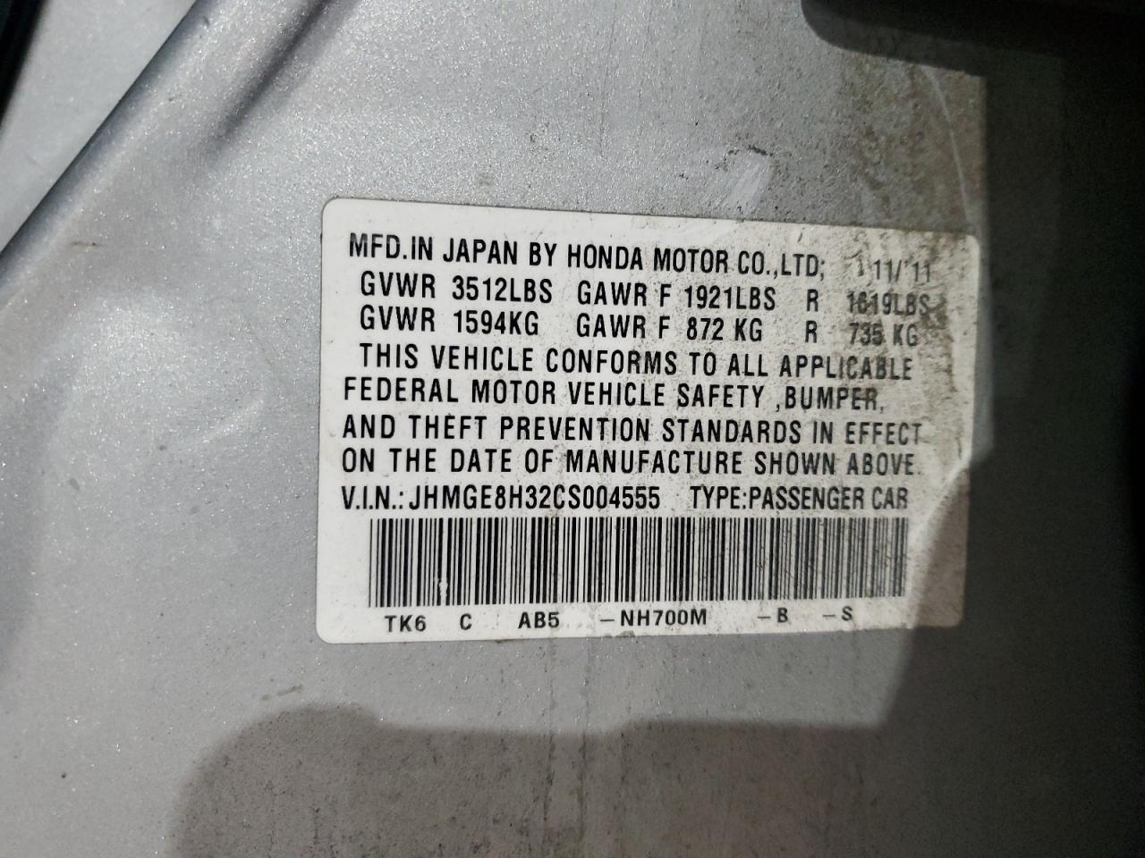 2012 Honda Fit VIN JHMGE8H32CS004555 Copart auction photo, front end / minor dent/scratches damage thumbnail 12