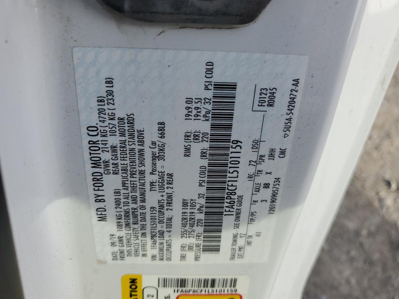 2020 Ford Mustang VIN 1FA6P8CF1L5101159 Copart auction photo, side / front end damage thumbnail 12