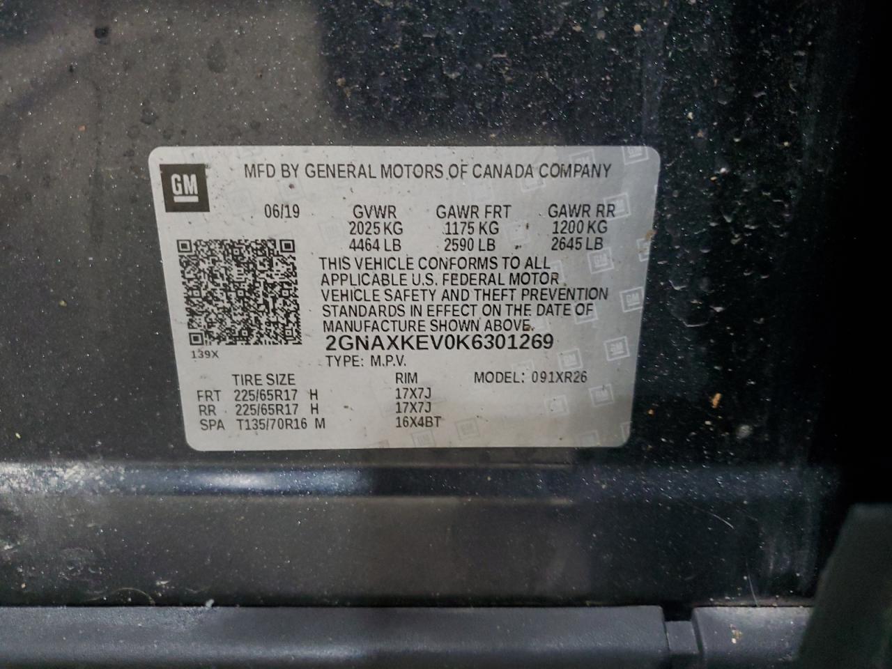 2019 Chevrolet Equinox VIN 2GNAXKEV0K6301269 Copart auction photo, front end / rear end damage thumbnail 14