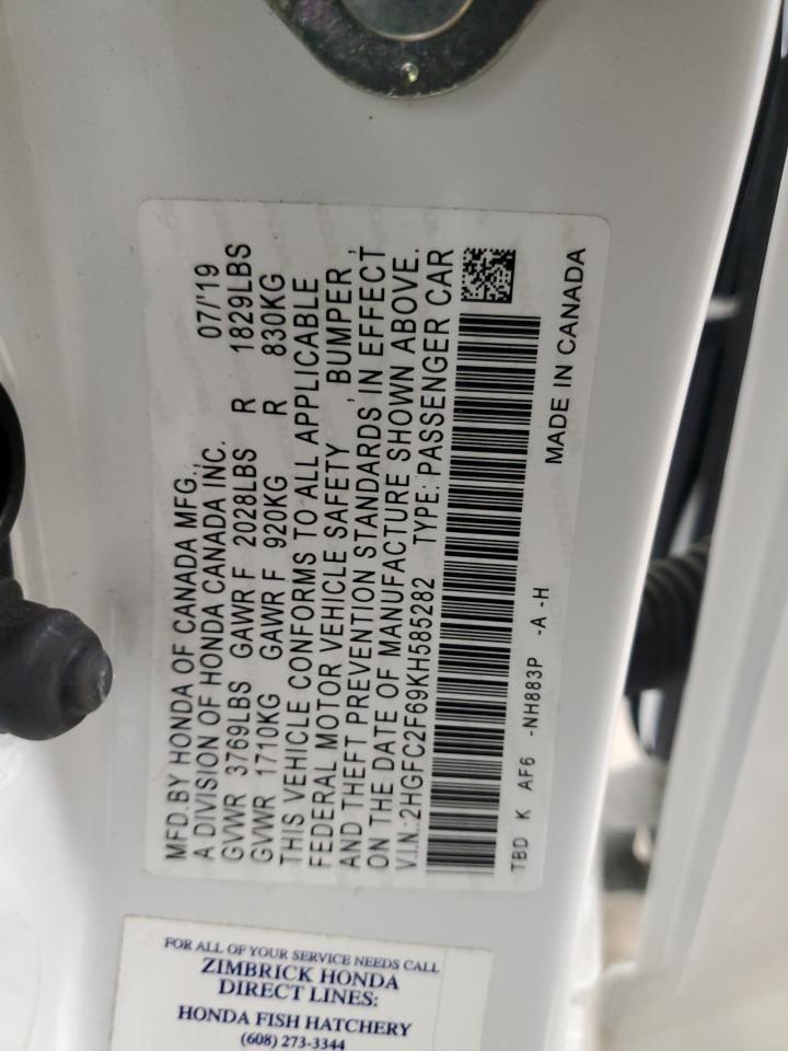 2019 Honda Civic VIN 2HGFC2F69KH585282 Copart auction photo, front end / minor dent/scratches damage thumbnail 13