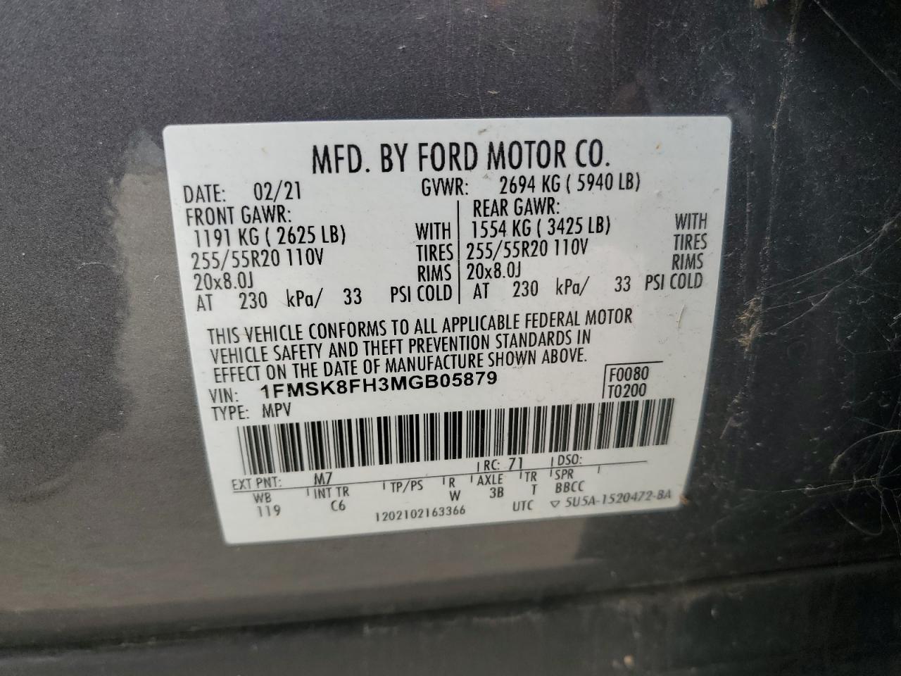 2021 Ford Explorer VIN 1FMSK8FH3MGB05879 Copart auction photo, front end damage thumbnail 14
