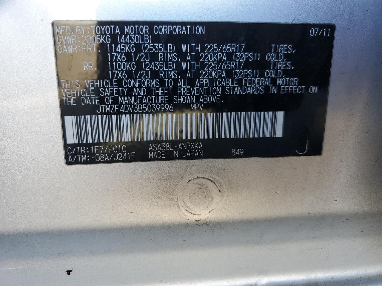 2011 Toyota RAV 4 VIN JTMZF4DV3B5039996 Copart auction photo, all over damage thumbnail 13