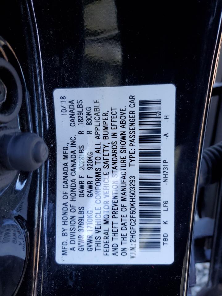 2019 Honda Civic VIN 2HGFC2F60KH503293 Copart auction photo, front end damage thumbnail 14