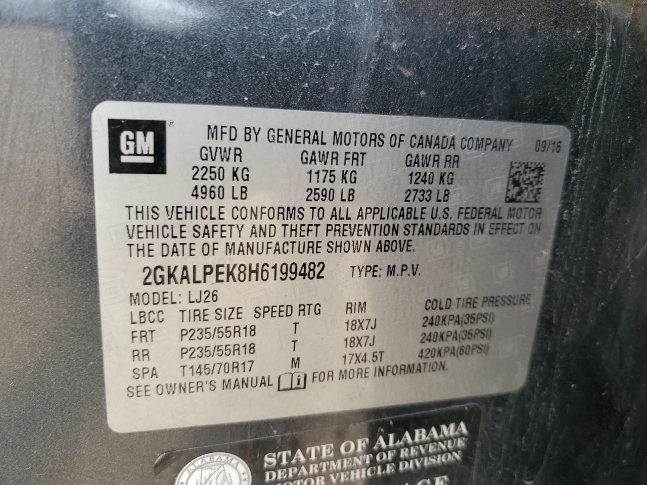 2017 GMC Terrain VIN 2GKALPEK8H6199482 Copart auction photo, minor dent/scratches damage thumbnail 13