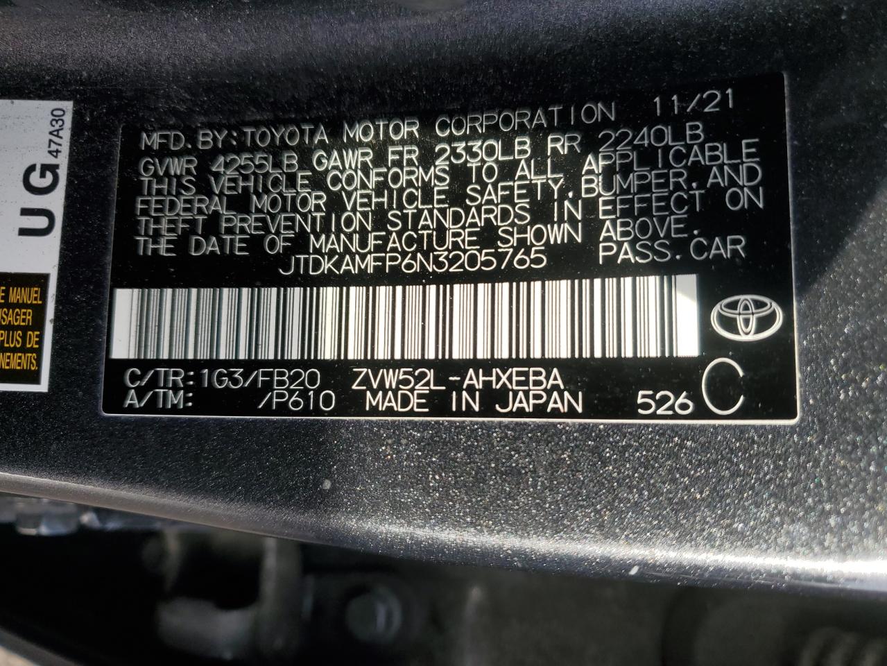 2022 Toyota Prius VIN JTDKAMFP6N3205765 Copart auction photo, front end / minor dent/scratches damage thumbnail 12