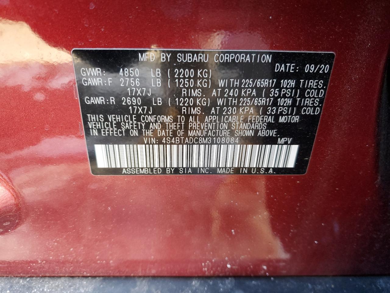 2021 Subaru Outback VIN 4S4BTADC8M3108084 Copart auction photo, side / front end damage thumbnail 13