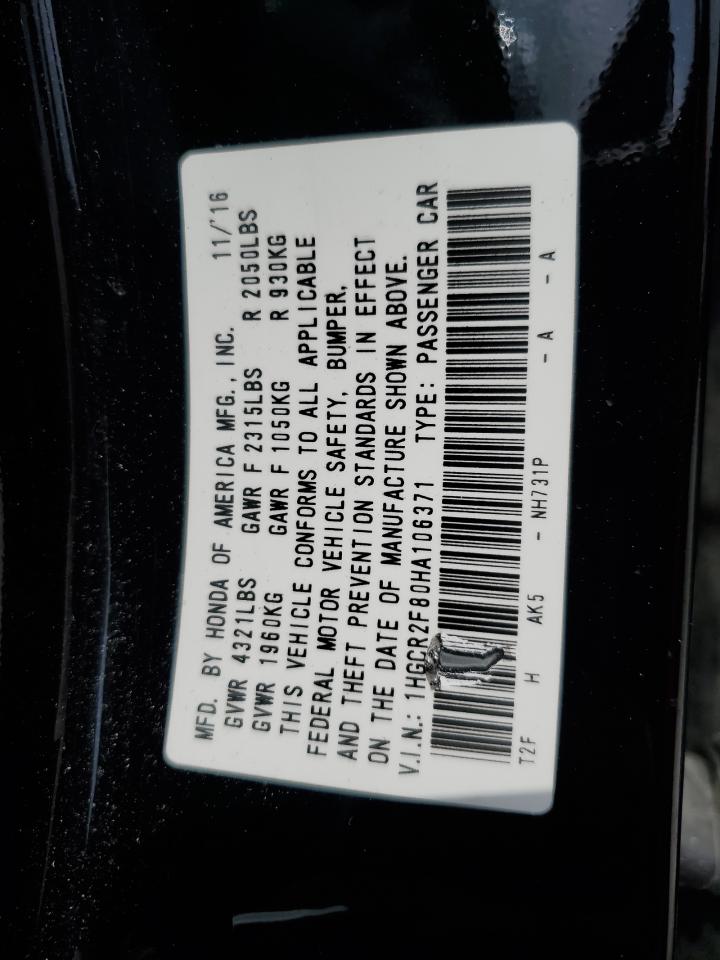 2017 Honda Accord VIN 1HGCR2F80HA106371 Copart auction photo, front end / minor dent/scratches damage thumbnail 13