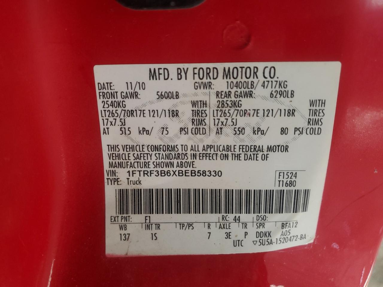2011 Ford F350 VIN 1FTRF3B6XBEB58330 Copart auction photo, normal wear / vandalism damage thumbnail 12