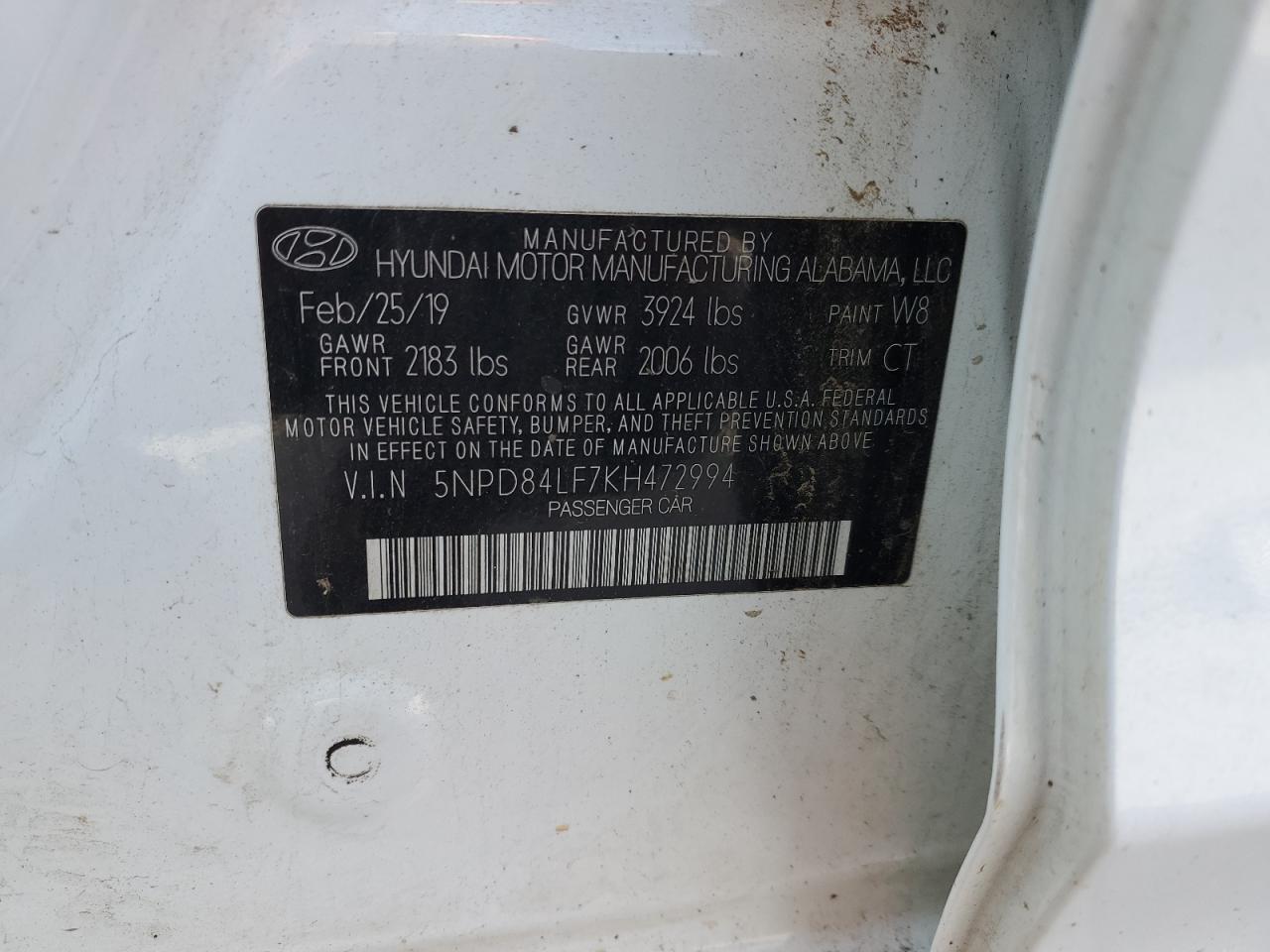 2019 Hyundai Elantra VIN 5NPD84LF7KH472994 Copart auction photo, top/roof / front end damage thumbnail 12