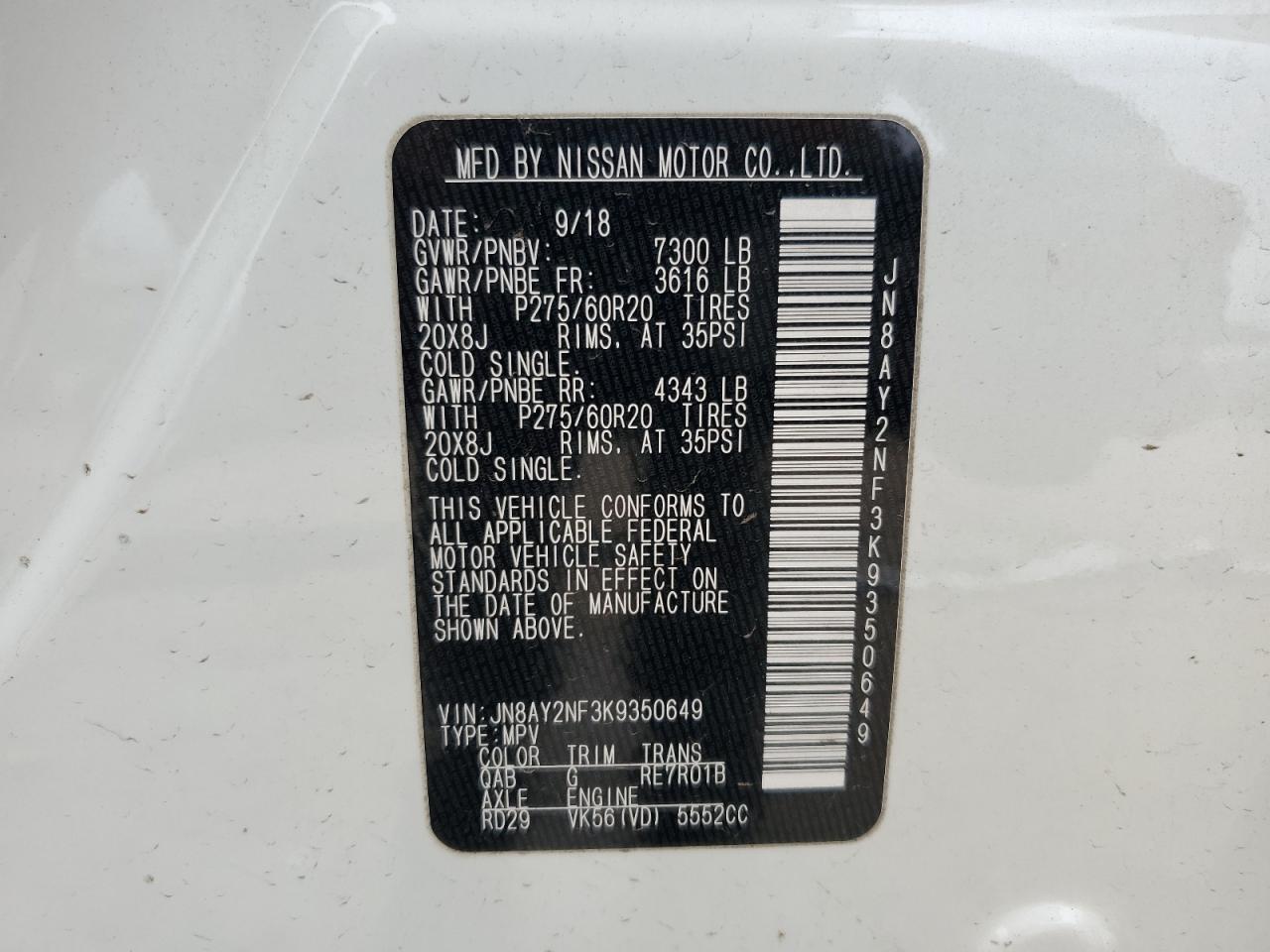 2019 Nissan Armada VIN JN8AY2NF3K9350649 Copart auction photo, all over damage thumbnail 15