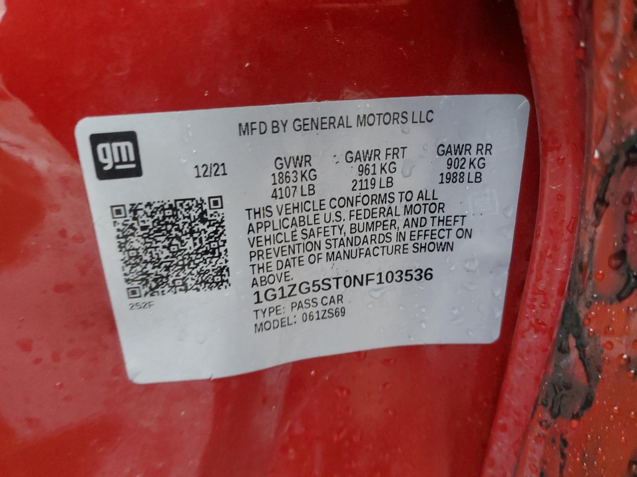 2022 Chevrolet Malibu VIN 1G1ZG5ST0NF103536 Copart auction photo, all over damage thumbnail 14