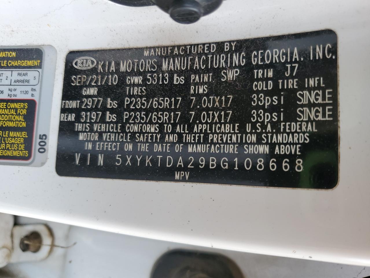 2011 KIA Sorento VIN 5XYKTDA29BG108668 Copart auction photo, minor dent/scratches damage thumbnail 13