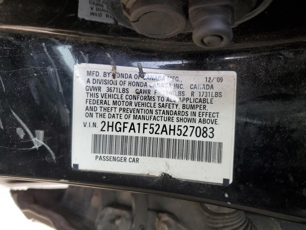 2010 Honda Civic VIN 2HGFA1F52AH527083 Copart auction photo, minor dent/scratches damage thumbnail 12