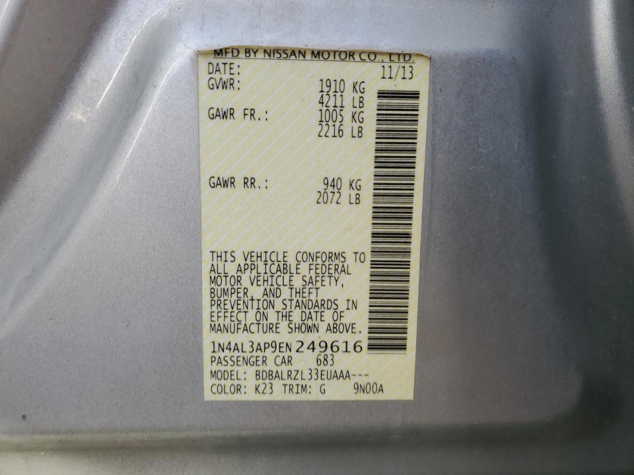 2014 Nissan Altima VIN 1N4AL3AP9EN249616 Copart auction photo, front end / undercarriage damage thumbnail 14