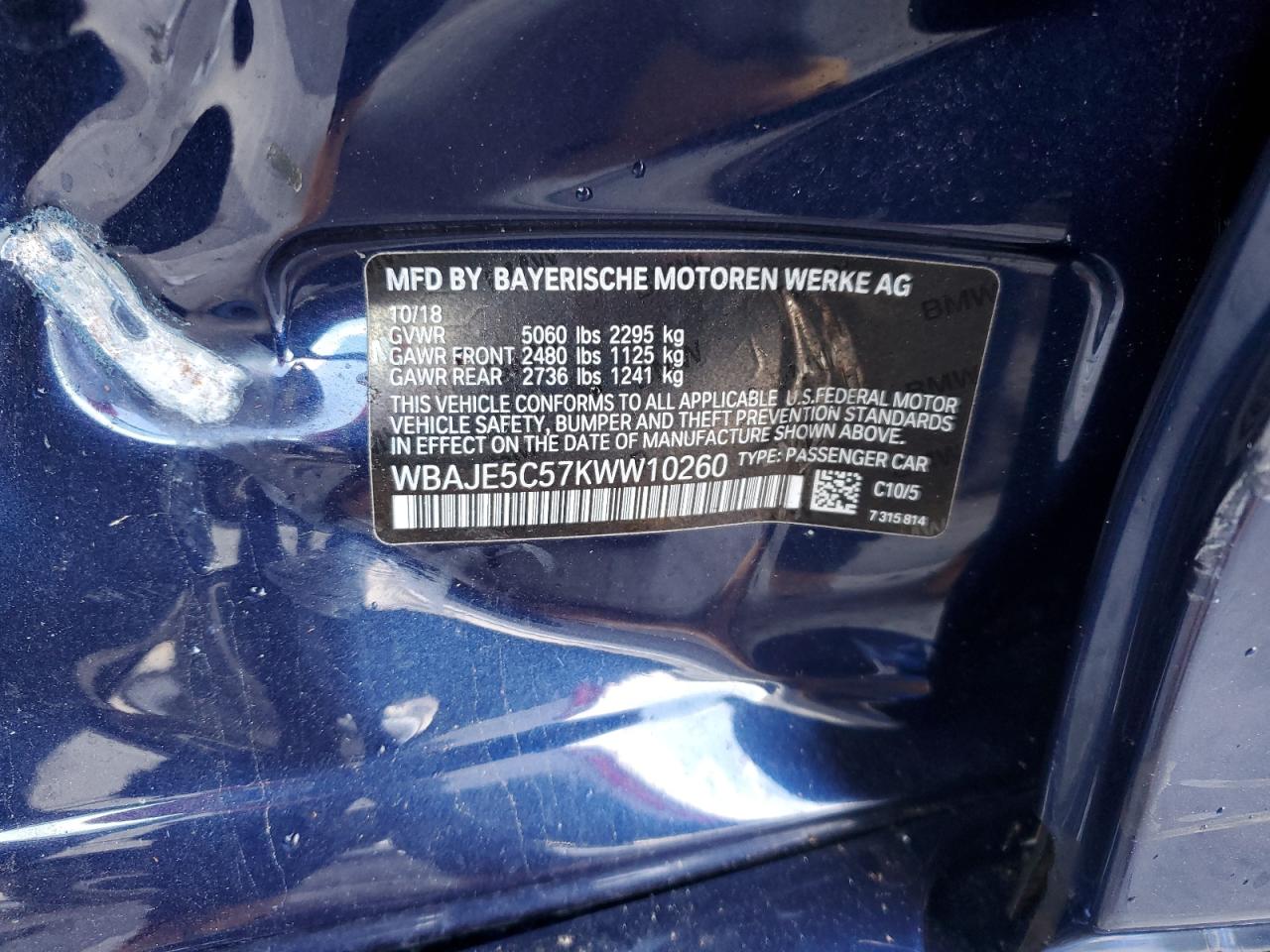 2019 BMW 5er VIN WBAJE5C57KWW10260 Copart auction photo, side damage thumbnail 12