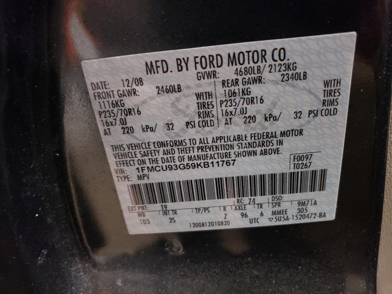 2009 Ford Escape VIN 1FMCU93G59KB11767 Copart auction photo, all over damage thumbnail 13