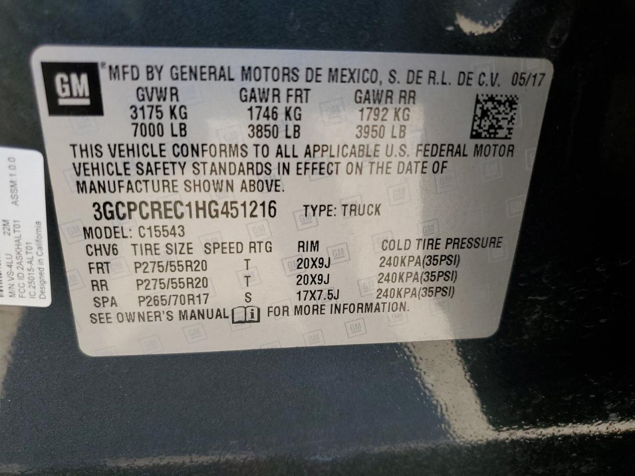 2017 Chevrolet Silverado VIN 3GCPCREC1HG451216 Copart auction photo, front end / hail damage thumbnail 13